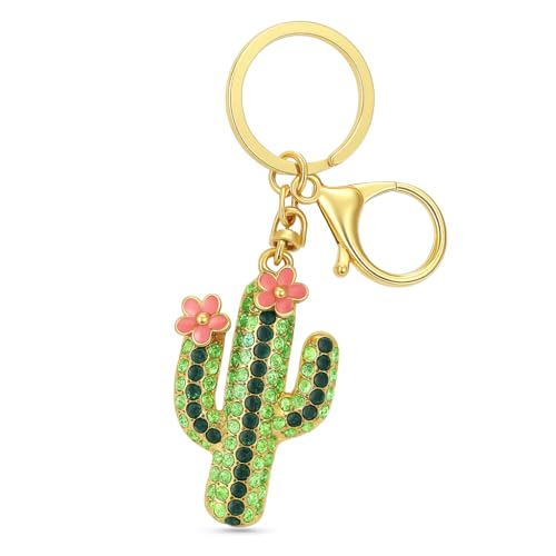 Porte-Clés Cactus – Porte-Clé Strass Cactus Fleur Émail Rose Breloque de Sac pour Femme, Cadeaux Porte-Cléf Mignons pour Amateurs de Plantes & Style Luxe...