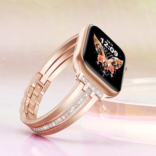 Image of AIRSPO Slim Band Compatible with Apple Watch bands 42mm 44mm 45mm 46mm for Women Metal Dressy Jewelry Bracelet with Bling Diamond for iWatch Series 10-3 /SE Rose Gold,