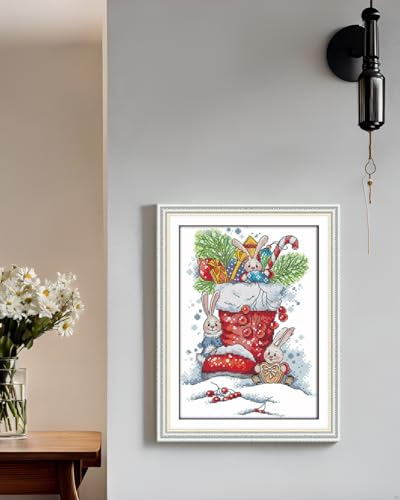 Image of CaptainCrafts Cross Stitch Kits Full Range Counted Fabric DIY Art Needlecrafts Embroidery Kit for Adults Beginner (Unpreprint 14CT, Rabbit in The Christmas Boots)