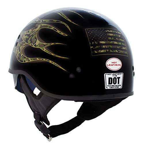 Hot Leathers Hld1047 Gloss Black 'Camo Skull Flames' Advanced Dot Skull Half Helmet With Drop Down Tinted Visor - X-Large #TOP6