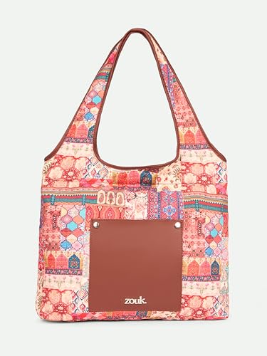 Image of ZOUK Printed Sora Tote Bag | Handcrafted Rollable Women's Tote | Vegan Leather & Canvas Lightweight Shoulder Bag for Daily Use