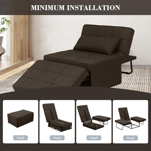Ainfox Sofa Bed, 4 in 1 Multi-Function Folding Ottoman Chair Bed, Modern Sleeper Convertible Chair Adjustable Backrest for Living Room, Apartment, Small Space, Office Dark Brown