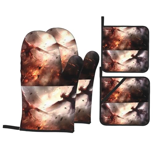 WHJSHOP Juego de cocina con estampado de pájaros gigantes, guantes de horno, traje de cuatro piezas grueso y aislado