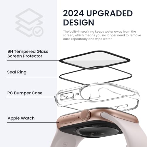 Image of Tensea For Waterproof Apple Watch Screen Protector Case Series 10 42mm Accessories, iWatch Protective Case PC Face Cover Built-in Tempered Glass Film, Sweatproof Bumper for Men and Women, 42