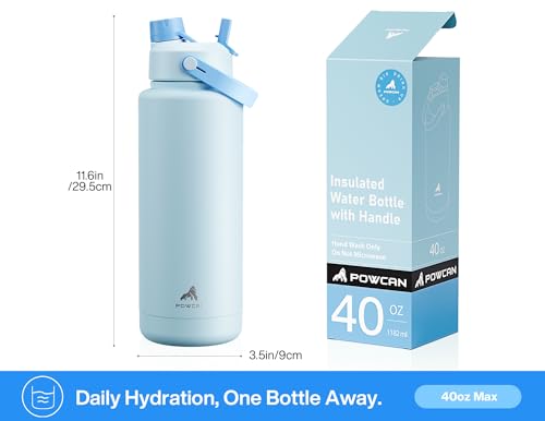 Image of POWCAN 40 oz Insulated Water Bottle with 2-in-1 Straw and Spout Lid, Keep Cold 24H, Leak-Proof, BPA-Free, Double Wall Stainless Steel Water Bottle for Sports, Gym, Travel, and School (Sea Breeze)
