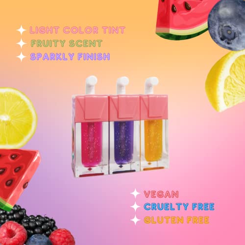 Cosmek Juicy Lip Gloss – Fruit Scented (Watermelon, Lemon, Mixed Berries), Slight Tint, Glitter Shimmer Lip Gloss | Vegan, Cruelty-Free, Gluten-Free, Made In Usa | Cool Unique Gifts, Stocking Stuffers, Or Party Favors For Teens, Tweens, And Kids (Set 1- Triple Pack) #TOP3