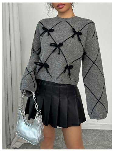 GORGLITTER Women's Drop Shoulder Sweater with Bow Crew Neck Long Sleeve Pullover Sweaters4