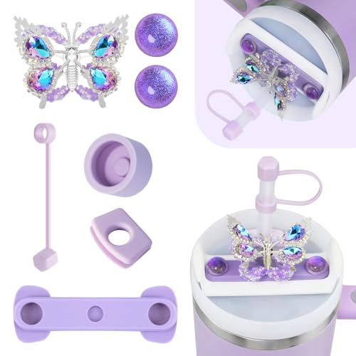 Stanley Cup Accessories Set, 1 Straw Cover and 2 Spill Stoppers, Silicone Base with Bling Lid Decoration for Stanley Cup 40 oz H2.0 Tumbler Mother's Day Gift for Women Girls (Butterfly Purple)
