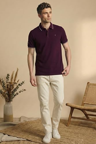 Image of Louis Philippe Men's Slim Fit Single-Tuck Pique Stylized Sleeve Print and Contrast Tipping Half Sleeve Solid Polo Tshirt