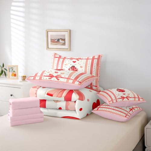 Image of Cute Ladybug Comforter Set 7 Pcs Polka Dots Heart Graffiti Girly Bedding Sets Watercolor Pink Stripes Bowknot Bed in a Bag with Comforter Flat Sheet Fitted Sheet 2 Pillowcases 2 Pillow Covers,Full