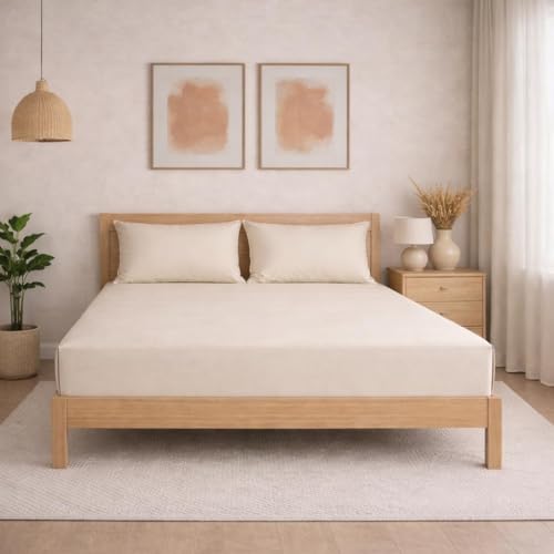 Image of THE HOME STYLE Solid Plain Cotton Feel Fitted Bedsheet King Size (72x78 inches) | 2 Pillow Covers | 300 TC | Elastic Fit | Fits Upto 8 Inch Mattress (Cream)