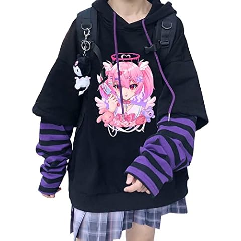 YINGKE Girls Anime Hoodie Japan Kawaii Sweatshirt Casual Jumper Harajuku Pullover Y2K Gothic Streetwear for Women (L, Black Fsgh) Cover