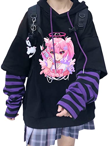 YINGKE Women's Japanese Cute Kawaii Anime Pattern Hoodies Girls Harajuku Style Pullover Sweatshirt (M,Purple9)