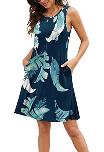 Image of Summer Dresses for Women Beach Floral Tshirt Sundress Sleeveless Pockets Casual Loose Tank Dress Floral Navy Blue Plantain 2XL