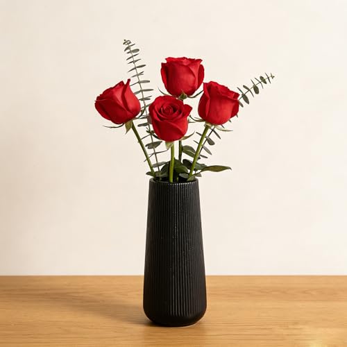 Image of 7.8''H Ceramic Vase, Pampas Grass Vase, Ribbed Modern Decor, Matte Black
