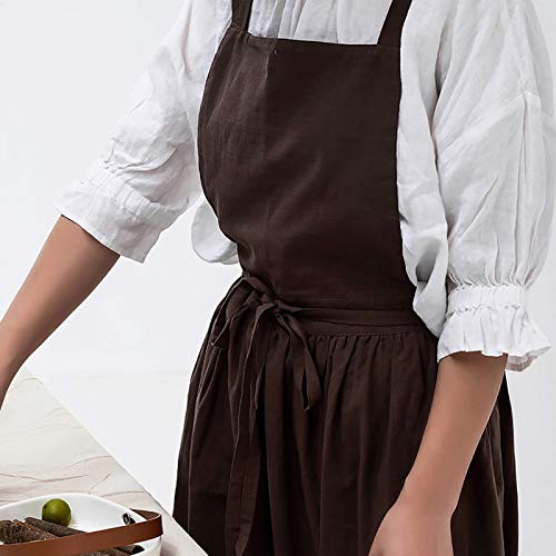 Losofar Pleated Cotton Long Apron X Back Kitchen Garden Florist Work Clothes Bib Dress (Brown, 38.5X34.6In) #TOP7