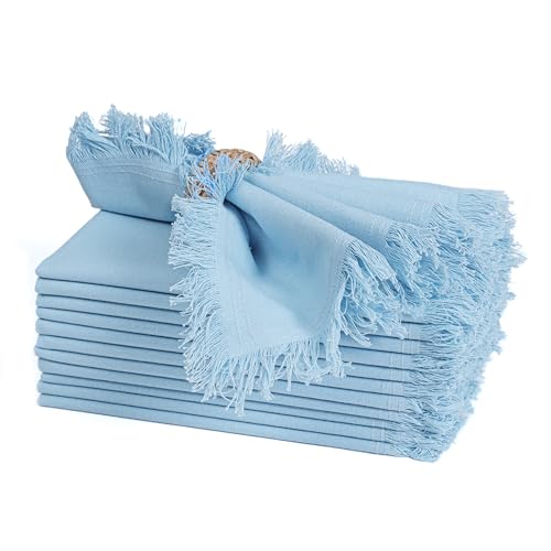 Bedding Craft Cotton Cloth Dinner Napkins Set of 12 – 18x18 Airy Blue with Fringed Corners – Machine Washable Fabric Napkins for Weddings, Baby Showers, Parties & Table Décor