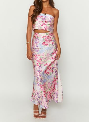 Aonoapll Women Satin 2 Piece Maxi Skirt Set Floral Tube Top and Side Slit Midi Skirt Set Y2k Summer Long Skirts Outfits2