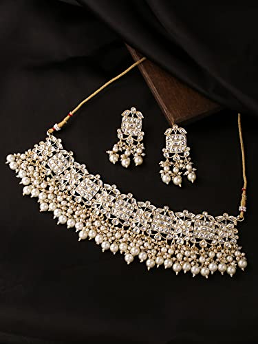 Image of Yellow Chimes Jewellery Set for Women Kundan Studded Beads Drop Choker Necklace Set with Earrings for Women and Girls