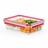 EMSA Clip & Close Glas Frischhaltedose, rechteckig, 2 L, 100 Prozent dicht, rutschfestes Stapeln, Glasbeh&auml;lter sp&uuml;lmaschinen-, gefrier-, backofen-, mikrowellenfest, Rot, Transparent, N10411