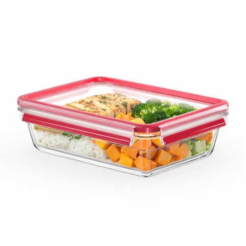 EMSA Clip & Close Glas Frischhaltedose, rechteckig, 2 L, 100 Prozent dicht, rutschfestes Stapeln, Glasbehälter spülmaschinen-, gefrier-, backofen-, mikrowellenfest, Rot, Transparent, N10411