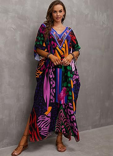 Image of sunforyou Kaftan Dresses for Women Plus Size Lightweight Swimsuit Cover up Batwing Sleeve Print Loungewear Beach Robe