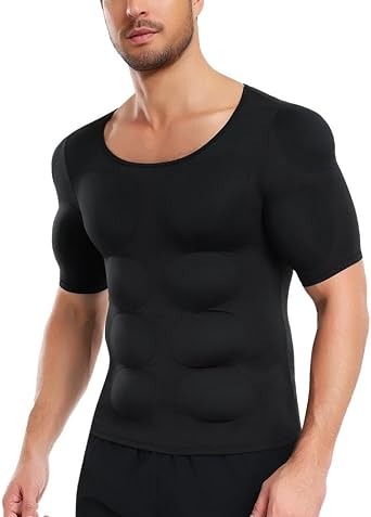 bslingerie Men Padded Fake Muscle Compression Shirt Tank Top Shapewear Vest Chest Abdominal Abs Body Shaper