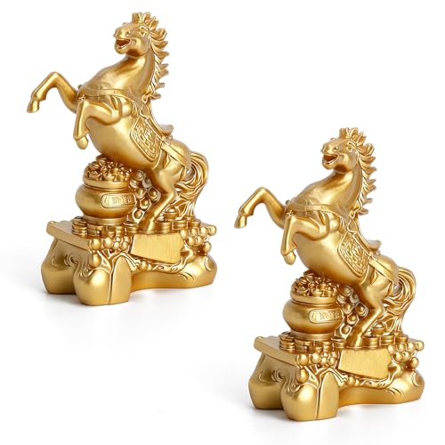 Statuette Cheval Porte Bonheur, 2 PCS Statues Feng Shui en Résine Dorée, Symbole de Protection des Énergies Négatives, Décoration Zen et Feng Shui pour...