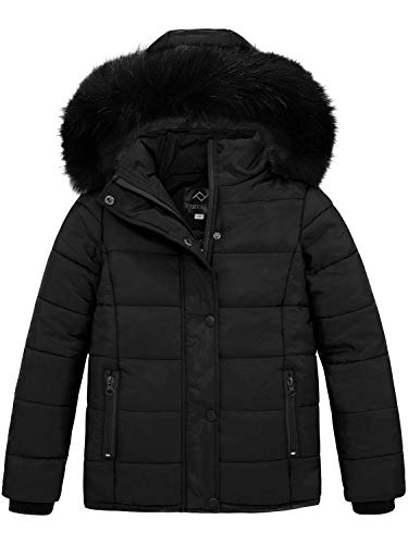 FARVALUE Girls' Winter Coats Thicken Fleece Lined Padded Hooded Puffer Jacket Coat for Girls Black 11-12 Y