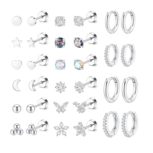 WAINIS 16 Pairs Surgical Steel Flat Back Earrings Gold Hoop Earrings Sets for Multiple Piercing Hypoallergenic 20G Gold Earring Studs for Women Cartilage Flatback Earrings Stacks Helix Piercing Jewelry