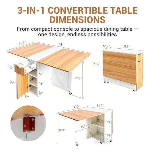 Image of 53 inch Folding Dining Table Space Saving Foldable Dining Table with Drawer, Shelves and Wine Racks, Drop Leaf Table for Small Spaces, Extendable Folding Kitchen Table with Lockable Wheels