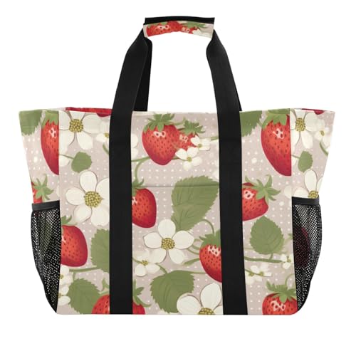 Nander Wildflowers and Strawberries Foldable Tote Bag Waterproof Sandproof Women Beach Bag Handbag Gym Bag Travel Shopping Bag