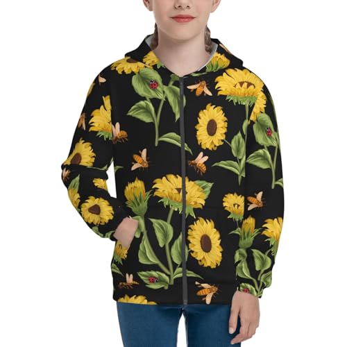 Bees and Sunflowers Kids Pullover Hoodies Boys Zip Up Sweatshirts Girls Athletic Clothes with Pocket3