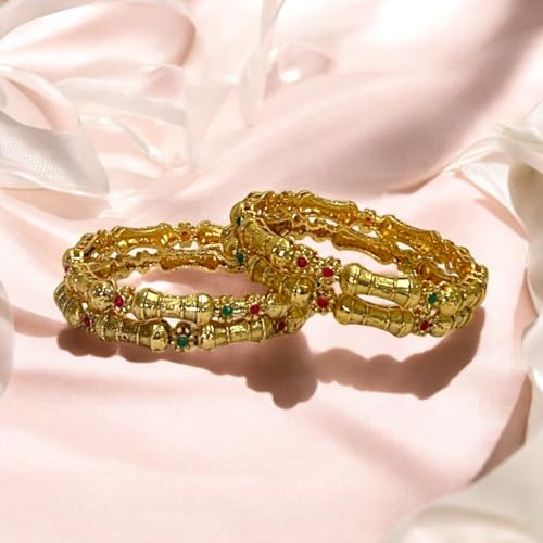 Image of ACCESSHER Gold-Plated Traditional Bangles Set with Red & Green Stone Floral Design - Stunning Indian Jewellery for Women and Girls - Accessory (Pack of 4)