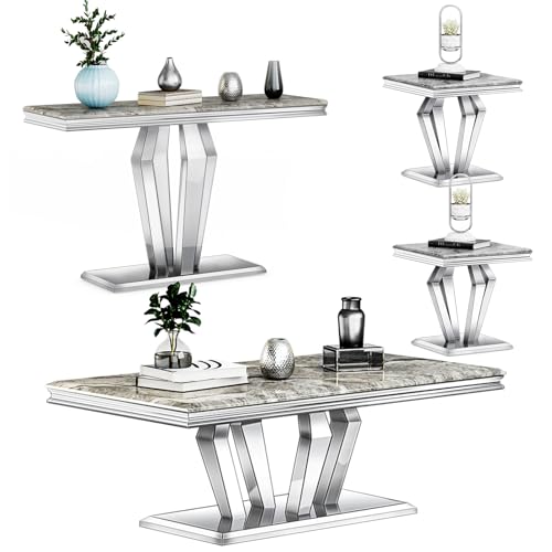 jajaplus 4-Piece Coffee Table Set, Gray and Silver Living Room Tables with 4 Geometric Bases, 1 Coffee Table + 2 End Table + 1 Console Table for Home Office