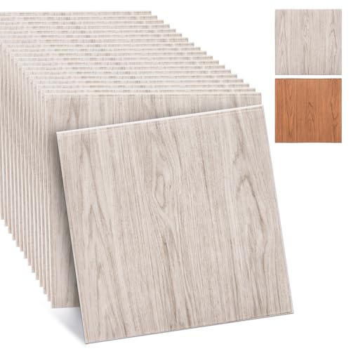 TVVCALK 20 Stück Wandpaneele Selbstklebend, 3D Wandpaneele Holzmaserung, 3D Tapete Selbstklebende Wandpaneele pvc Wasserdicht, Weiße Eiche Holzmaserung, 35x 35cm