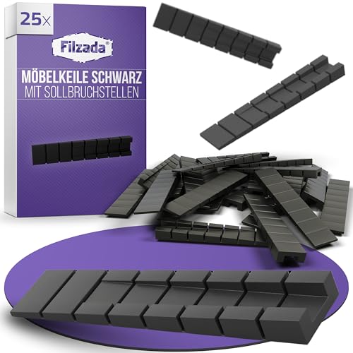 Filzada® 25x Möbelkeile Schwarz - 100 x 20 x 8 mm - Stabile Kunststoffkeile mit Sollbruchstellen - Ausgleichskeile - Keile Kunststoff - Unterlegkeil - Plastikkeile - Keil - Unterlegkeile Möbel