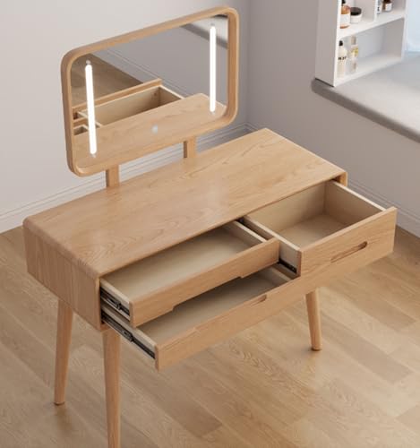 Image of Soild Wood Vanity Table 38 IN with Light Mirror High Adjustable, Make Up Desk Large Dressing Table 3 Lighting Modes, Makeup Vanity 3 Drawer Dresser Vanity Table Wooden for Checkroom Apartment Bedroom