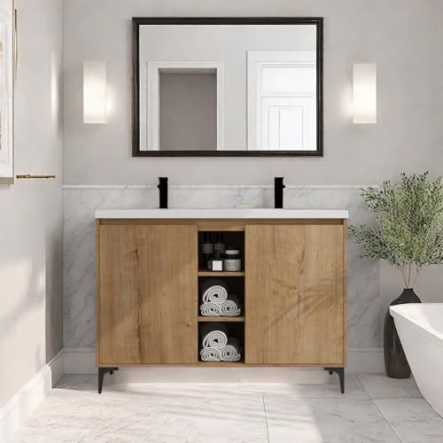 Image of Freestanding Bathroom Vanity, 48 inch Bathroom Storage Cabinet with Double Resin Sinks, 2 Soft-Close Doors & 3 Open Storage Shelves, Floor Vanity with Adjustable Shelf & Black Tripod Base, Oak