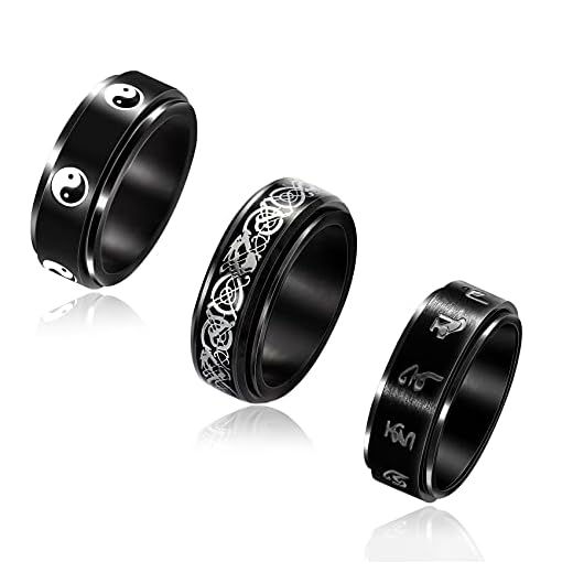 Senteria 3 st spinner-ringar för män rostfritt stål svart Yinyang keltiskt drakmönster fasade kanter tibetansk buddhistiskt mantra ring fidget band ringar set för meditation stresslindring, Metall,