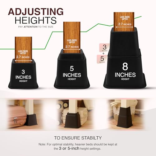 Utopia Bedding 8 Piece Premium Adjustable Furniture Risers (4 High and 4 Short) - Heavy Duty Riser with Strong Space Saving for Beds, Tables, Chairs or Sofas (3, 5 or 8 Inch) - Black - Image 6