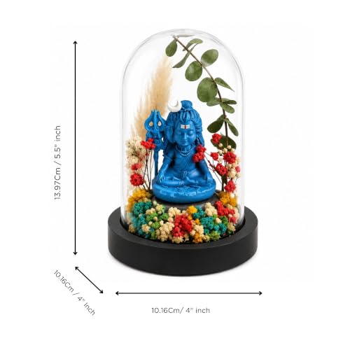 Image of eCraftIndia Handcrafted Lord Shiva Idol in Glass Dome with Dried Flowers & Wooden Base | Decorative Spiritual Showpiece for Home, Office, Living Room, Temple & Gift for Festivals