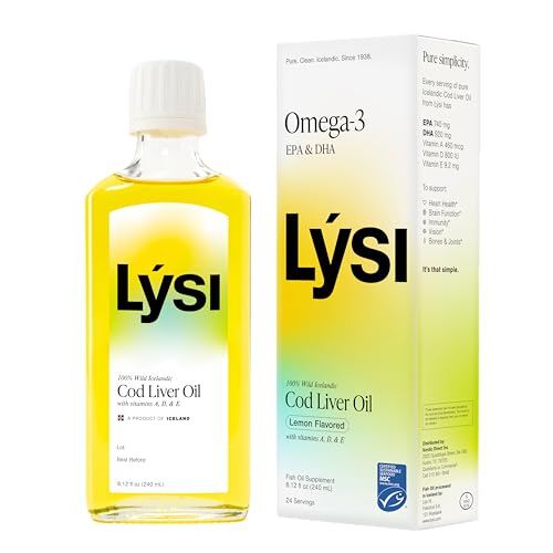 LYSI Icelandic Cod Liver Oil Liquid Supplement – 1,100 mg Omega-3 per Teaspoon – EPA 740 mg & DHA 920 mg per 2 TSP – with Vitamins A, D & E – Lemon Flavor 8.12 fl oz (24 Servings)