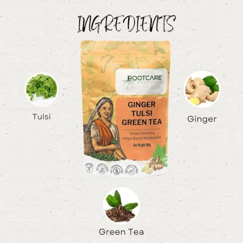 Image of Rootcare Organics green tea for weight loss Tulsi Ginger Herbal Tea 100g Pack Of 1 Month Rich in Antioxidants Supports Digestion Stress Relieving Helps Boost Metabolism Caffeine-Free Loose Leaves