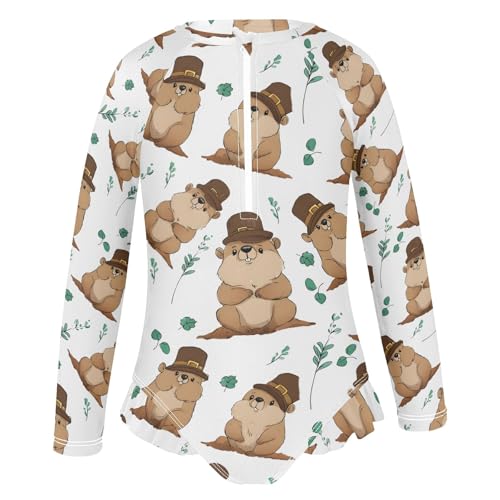 ALAZA Toddler Swimsuit Girl Bathing Suit Swimwear Rash Guard Groundhog Hat Long Sleeve 3T2
