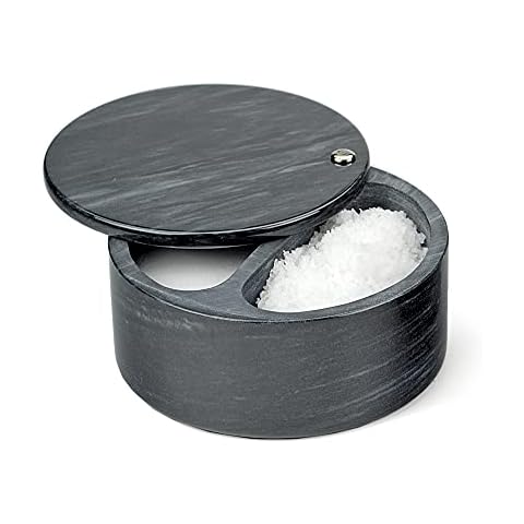 RSVP International Dual Compartment Box | Chic & Modern Herb Container | 10 Ounces Total | Swivel Top Protects Salts | Beautiful, Solid Marble, 5", Black Cover
