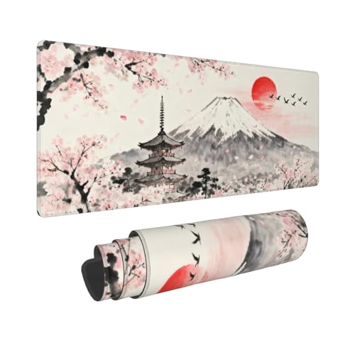 Image of Japanese Mouse Pad 31.5x11.8 XL Grey Pink Cherry Blossoms Mountain Watercolor Extended Large Mousepad Keyboard Mouse Mat Desk Pad with Non-Slip Rubber Base Stitched Edges for Home Office Game