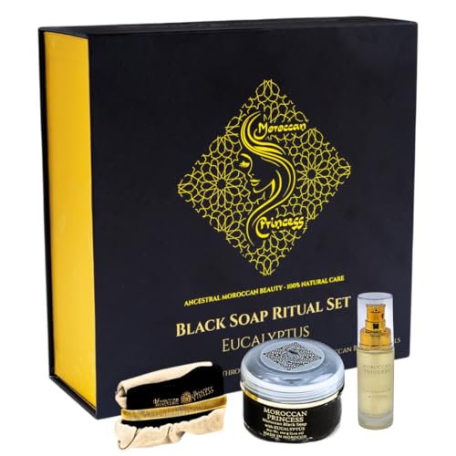 Moroccan Princess Moroccan Black Soap Set Authentic Hammam Ritual Kit with Argan Oil & Kessa Exfoliating Glove Exfoliating Body Scrub Self Care & Gift Set 200ml