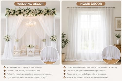 Image of The Party Louge White Backdrop for Decoration- 2pcs. | Net Curtain Decorations| Ganpati Decoration Setup for Home | Cabana Tent Backdrop| Romantic Dinner, Anniversary, Birthday Party Celebration