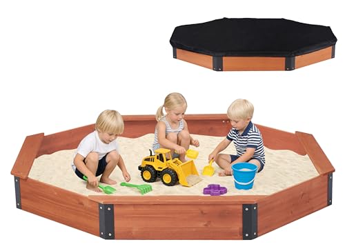 Image of 85''x78''x9'' Octagon Sandbox with Cover for Kids Outdoor Play, Wood Large Sandpit with 4 Benches, Quick Easy Install, US. Patented